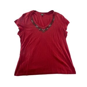 Eddie Bauer Red Beaded V Neck Short Sleeve T Shirt Top Womens Plus Size 2XL